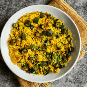 Vendakkai Rice or Okra Rice made with rice, okras and spice powders.