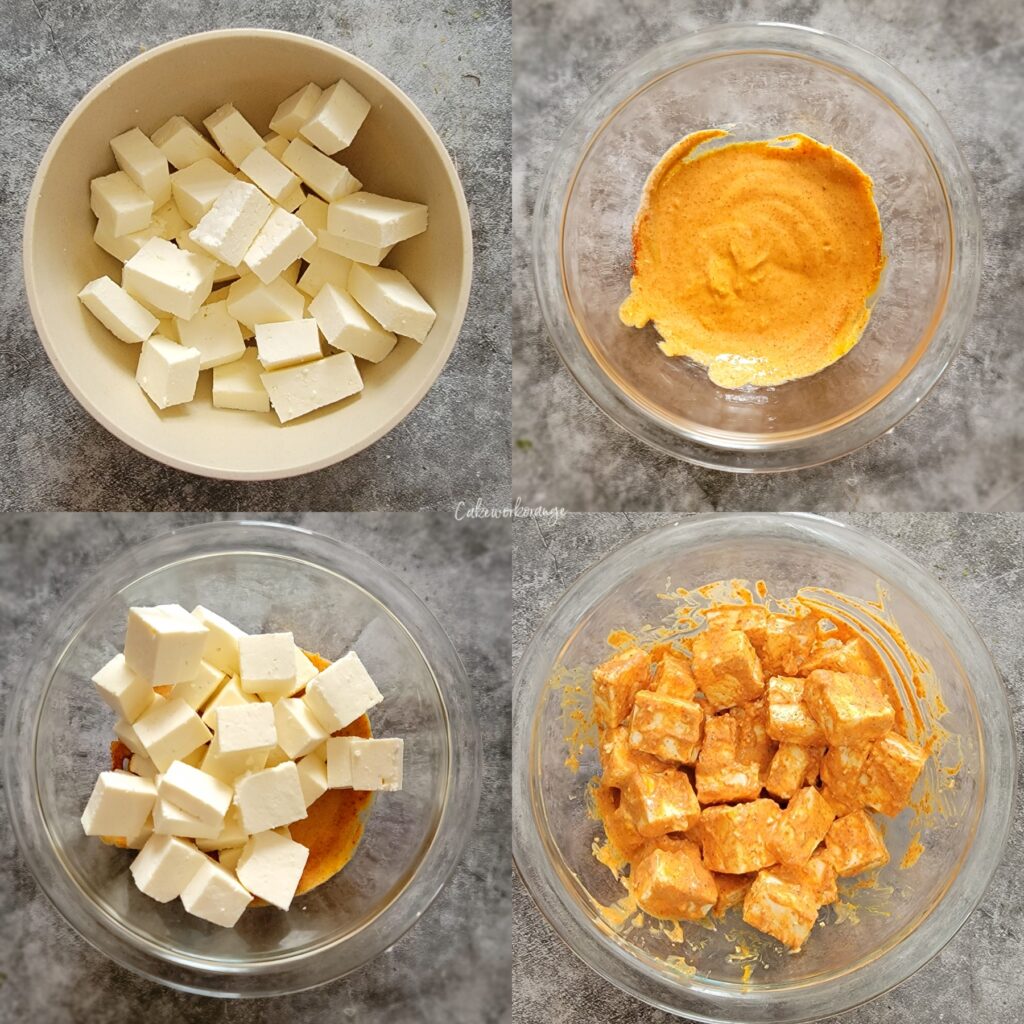 Paneer cut into cubes and marinated in Yogurt mixed with Indian Spices. 