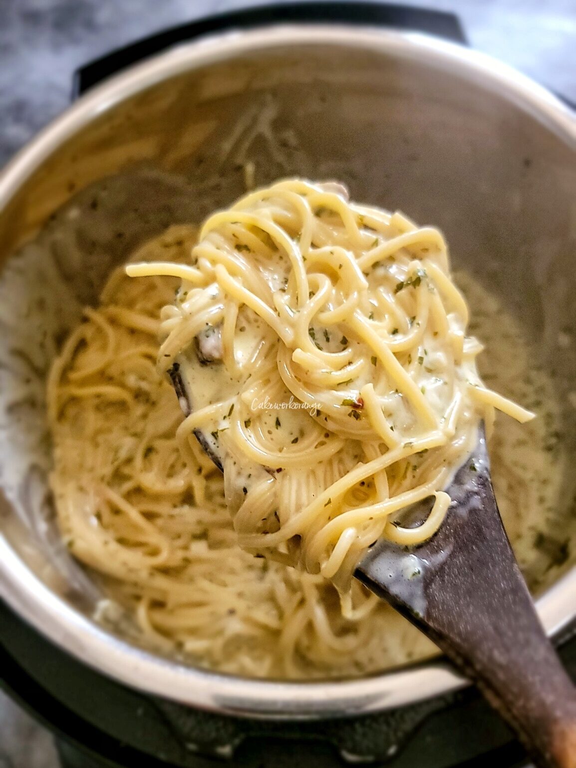 Creamy Spaghetti Pasta cooked in Instant Pot.