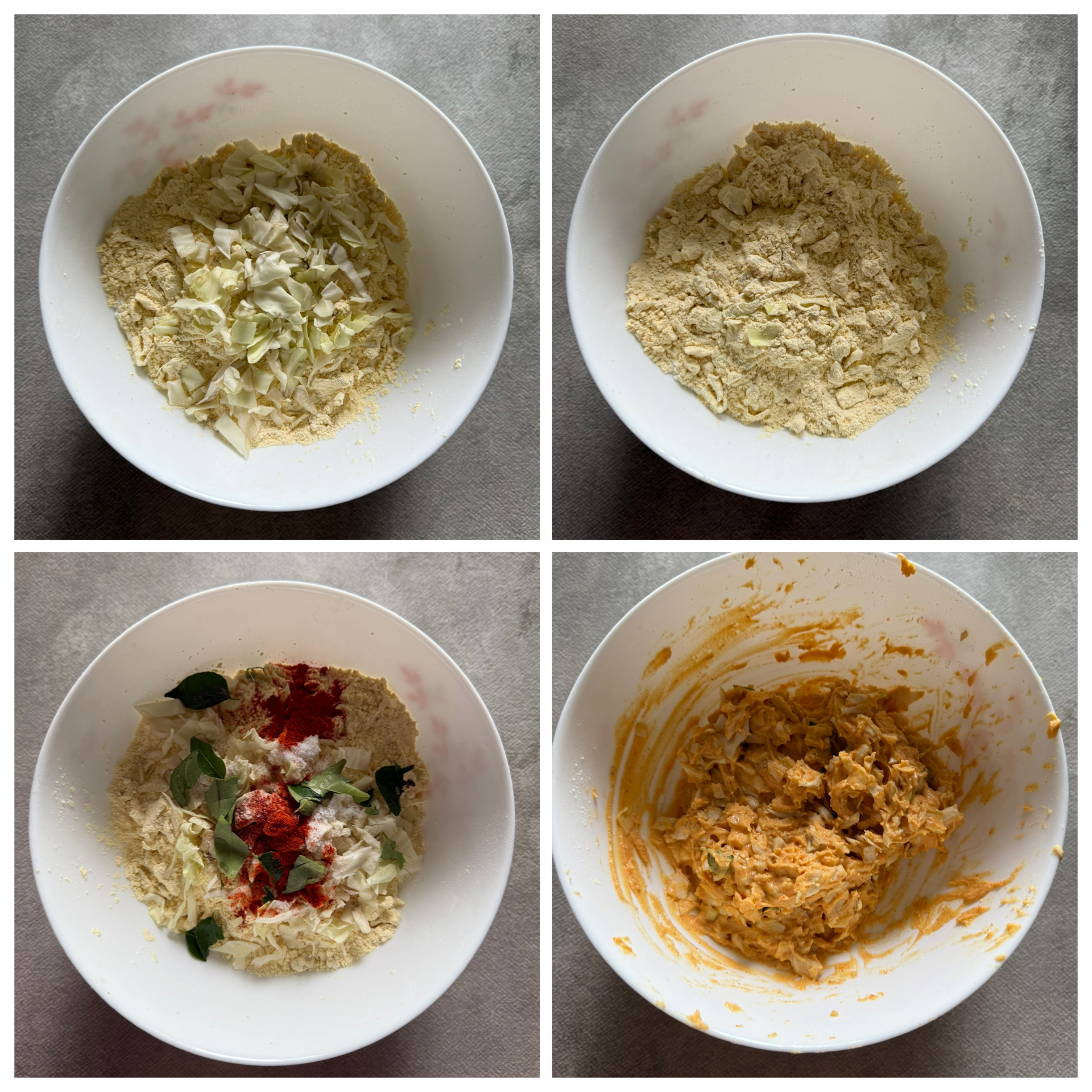 Step-by-step collage showing the process of making cabbage pakora: mixing cabbage and gram flour, adding spices and curry leaves, and finally forming the spiced batter in white bowls on a grey surface.