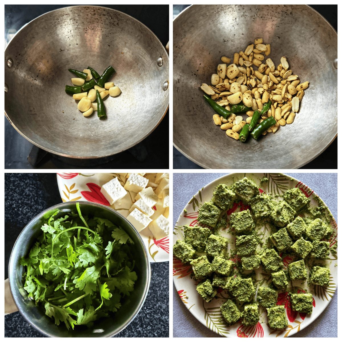 Step-by-step collage showing paneer thecha preparation: Top left, garlic and green chillies in a kadai; top right, garlic, peanuts, and green chillies being sautéed; bottom left, fresh coriander leaves in a bowl with cubed paneer in the background; bottom right, paneer cubes coated in green thecha chutney arranged on a plate.