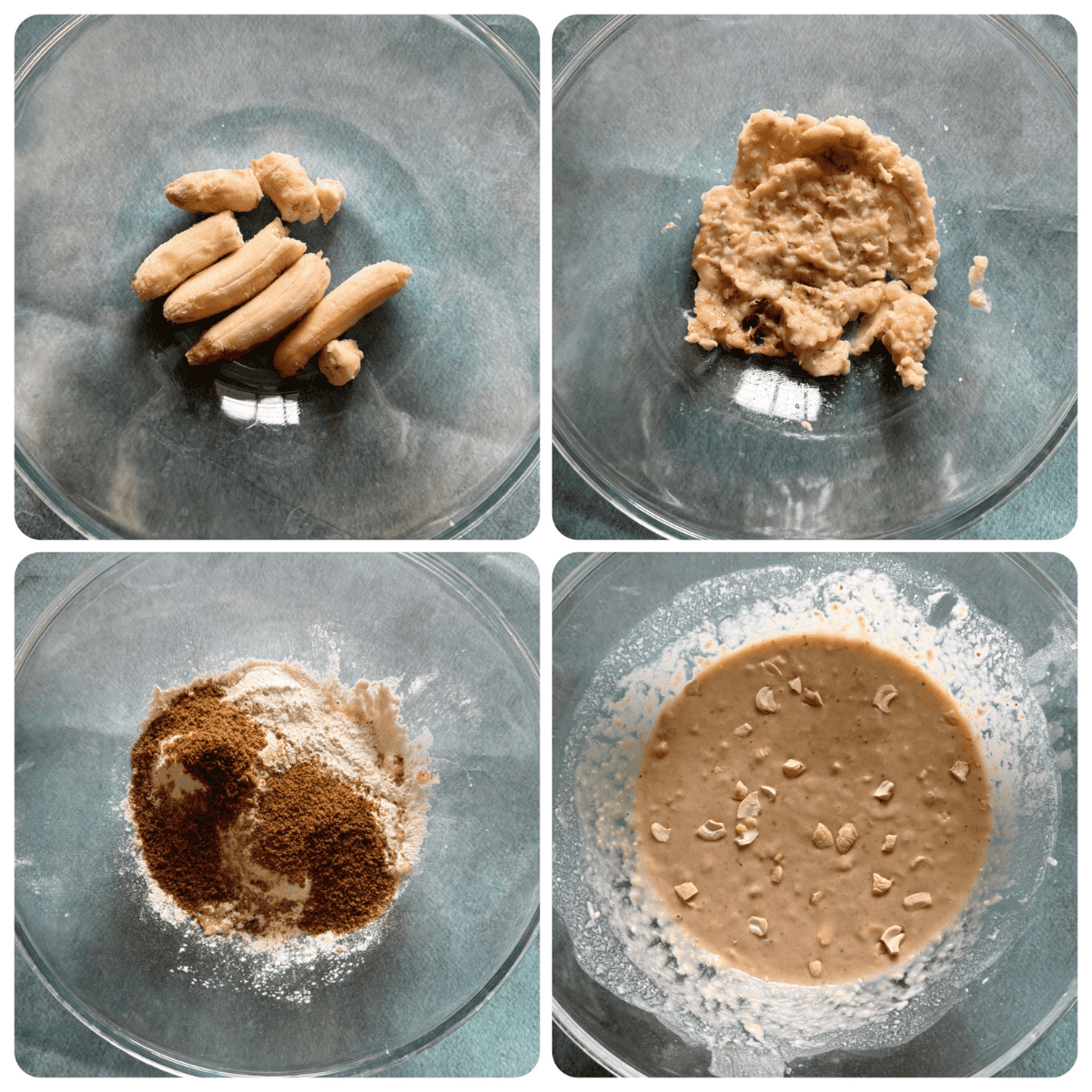 Step-by-step collage showing how to make banana dosa batter: peeled bananas in a glass bowl, mashed bananas, dry ingredients like flour and jaggery added, and the final smooth batter with chopped cashew nuts mixed in.