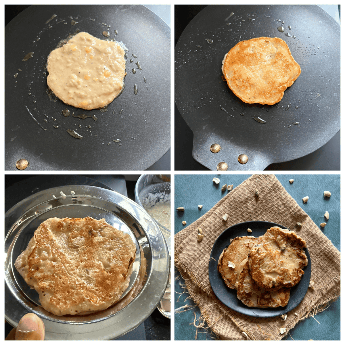 A step-by-step collage showing the process of making instant banana dosa. The top images show batter being poured onto a heated pan and the dosa cooking to a golden brown. The bottom images display a cooked dosa on a plate and a final serving of multiple banana dosas arranged on a dark plate over a burlap cloth, garnished with chopped nuts.