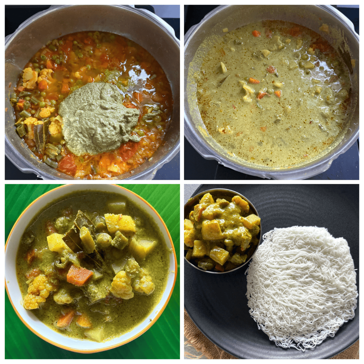 A four-step collage showing the preparation of Nilgiris vegetable kurma: the top left image displays chopped vegetables cooked with spices and a green kurma paste added; the top right image shows the kurma simmering with vegetables in a green gravy; the bottom left image shows the finished kurma served in a bowl; and the bottom right image presents the kurma in a small bowl next to a portion of steamed string hoppers (idiyappam) on a plate.