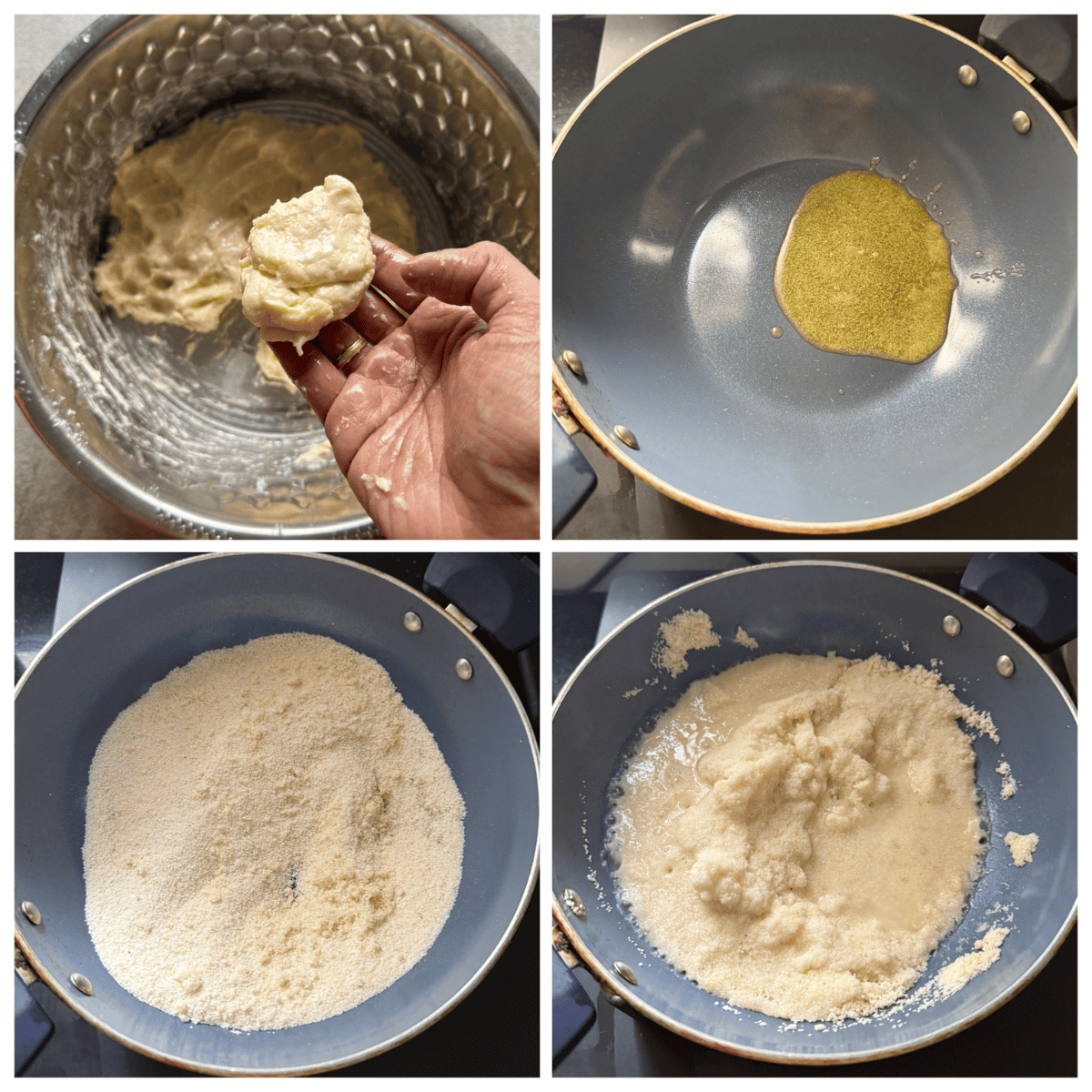 Collage of four images showing the process of making Sojji Appam, a South Indian sweet. The top left shows a hand holding a dough ball above a bowl; the top right displays oil heating in a non-stick pan; the bottom left features dry semolina (sooji/rava) added to a pan; and the bottom right shows semolina being mixed into a thick, moist consistency  along with water in the pan.