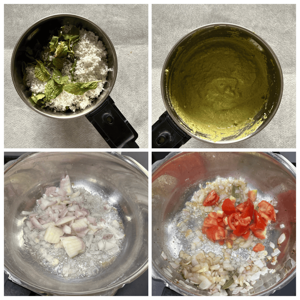 Four-panel collage showing the steps for making Nilgiris Kurma: Top-left panel with freshly grated coconut and mint leaves in a mixer jar, top-right panel showing ground green paste from coconut, corianer leaves,mint leaves and spices, bottom-left panel with chopped onions frying in oil, bottom-right panel adding chopped tomatoes to the frying onions in a pan.