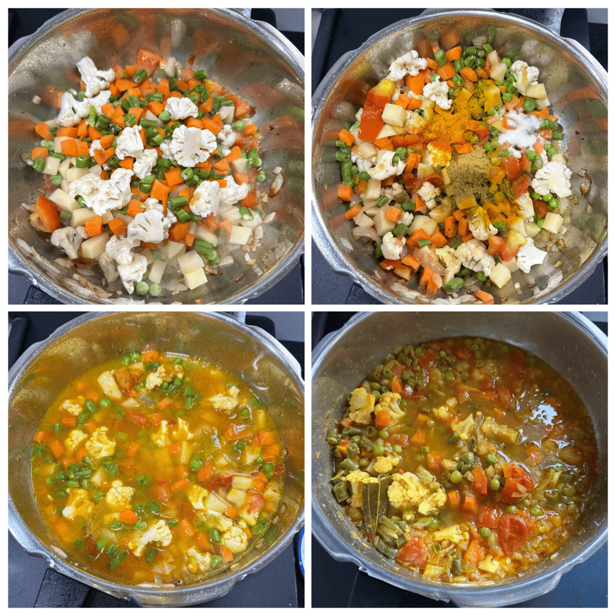 A collage of four images showing the steps of making Nilgiris vegetable kurma in a pressure cooker on a stovetop. The top left shows chopped vegetables like cauliflower, carrots, beans, potatoes, and tomatoes added to sautéed onions. The top right shows the same vegetables with ground spices, turmeric, and salt sprinkled over them. The bottom left shows the vegetables simmering. The bottom right shows the final cooked kurma with soft vegetables.
