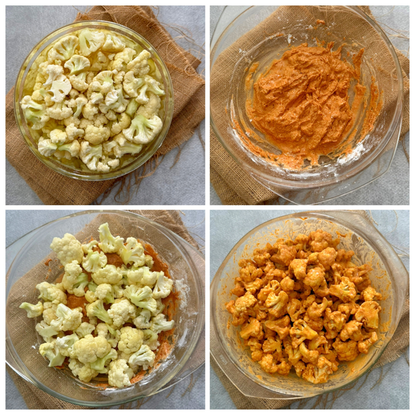 Cauliflower florets marinated in a flour and spice paste